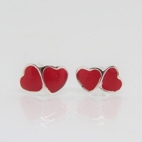 Vintage Sterling Silver Red Enamel Hearts Stud Ea… - image 1