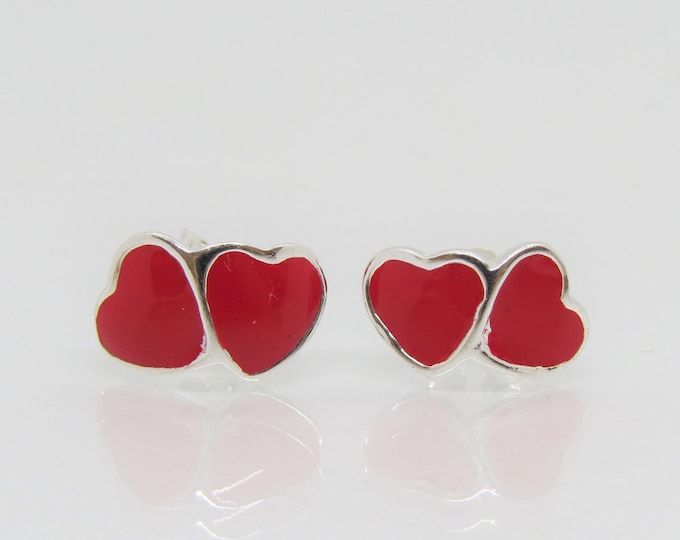 Vintage Sterling Silver Red Enamel Hearts Stud Earrings