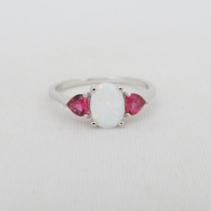 Vintage Sterling Silver White Opal & Red Ruby Ring Size 10
