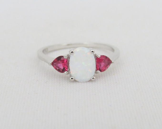Vintage Sterling Silver White Opal & Red Ruby Ring Size 10