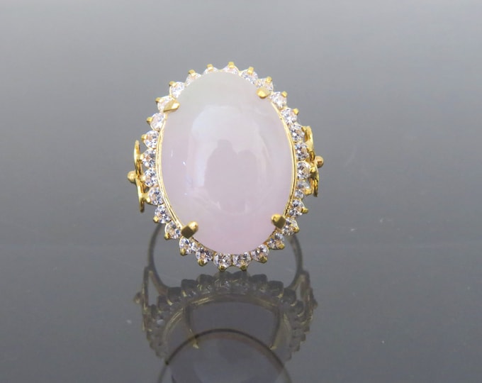 Vintage 18K Solid Yellow Gold Oval Natural Lavender, Light Green Jadeite Jade White Topaz Halo Ring Size 8.5