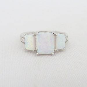 Vintage Sterling Silver Radiant cut White Opal & White Topaz Ring Size 8