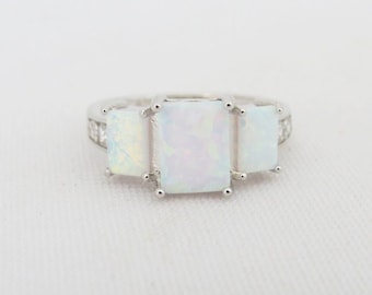 Vintage Sterling Silver Radiant cut White Opal & White Topaz Ring Size 8