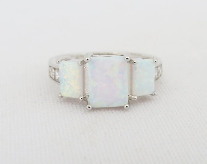 Vintage Sterling Silver Radiant cut White Opal & White Topaz Ring Size 8