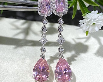 Vintage Sterling Silver Pink Sapphire & White Topaz Dangle Earrings.