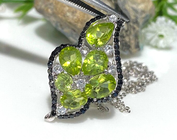 Vintage Sterling Silver Natural Peridot, Black Spinel & White Topaz Pendant Chain. 17''