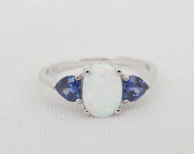 Vintage Sterling Silver White Opal & Tanzanite Ring Size 9