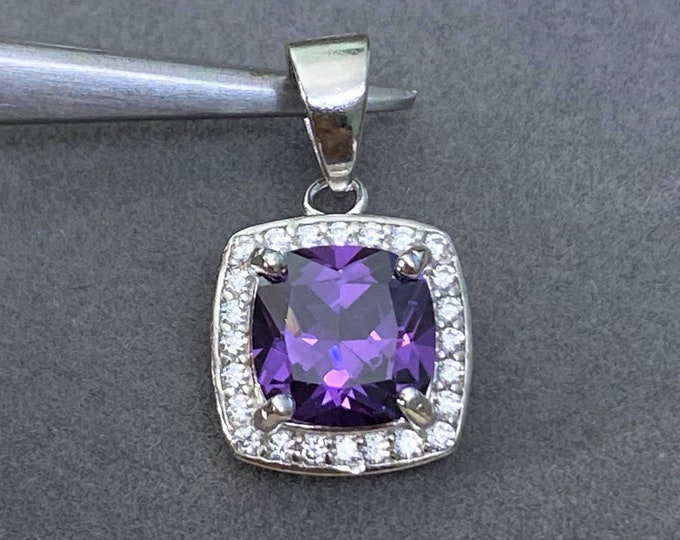 Vintage Sterling Silver Princess cut Amethyst & White Topaz Pendant