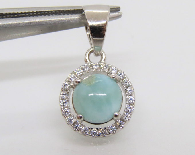 Vintage Sterling Silver Natural Larimar & White Topaz Halo Pendant