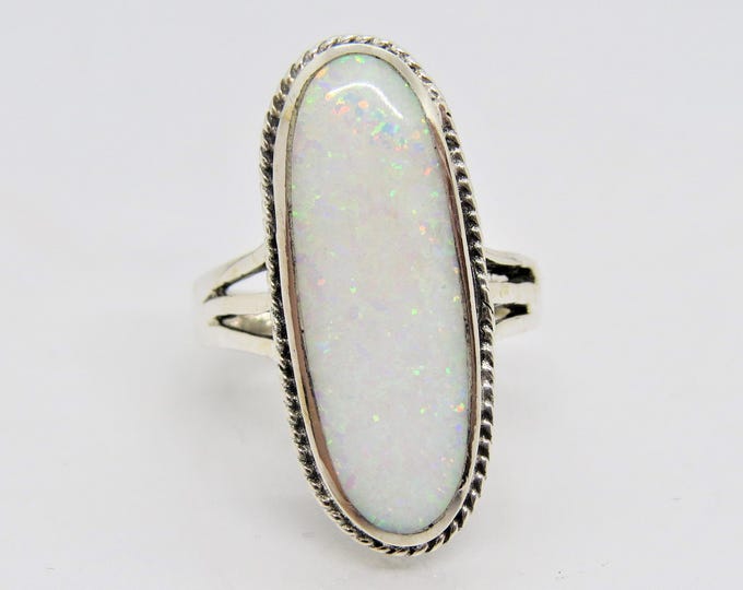 Vintage Sterling Silver White Opal Long Ring Size 9