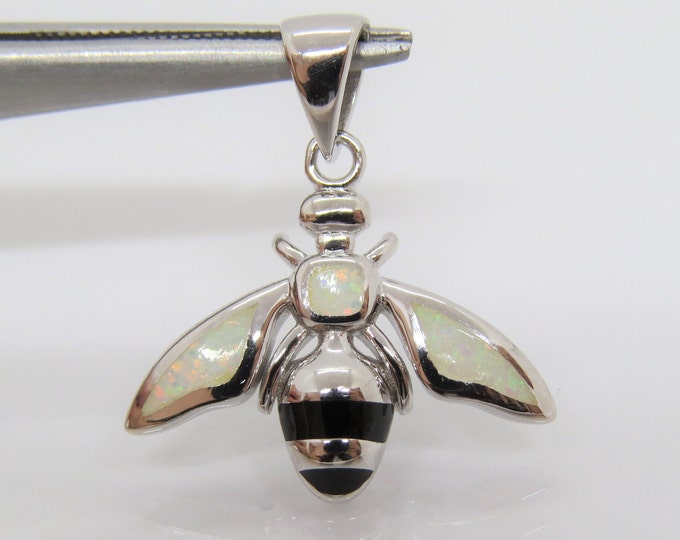 Sterling Silver White Opal & Black Onyx Bee Pendant