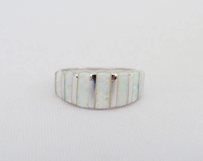 Vintage Sterling Silver Inlay White Opal Band Ring Size 5