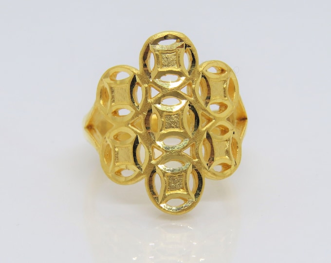24K 999 Pure Gold Money Coin Luck Vintage Dome Ring Size 8