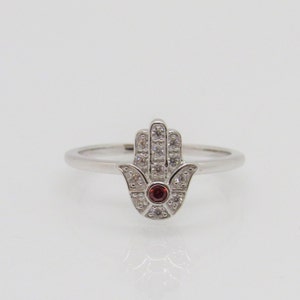 Vintage Sterling Silver Garnet & White Topaz Hamsa Ring Size 8