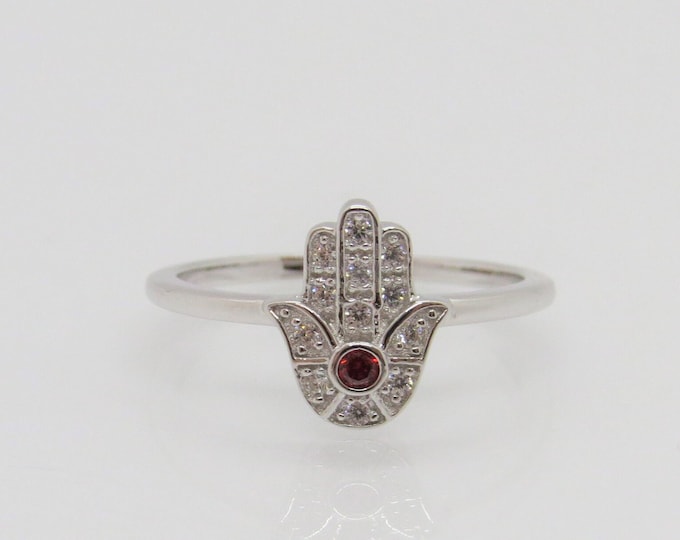 Vintage Sterling Silver Garnet & White Topaz Hamsa Ring Size 8