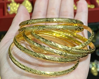 10K Yellow Gold VINTAGE ID Bangle, Gold Hand Carved Bangle