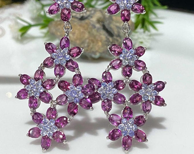 Vintage Sterling Silver Natural Rhodolite & Tanzanite Flower Dangle Earrings.