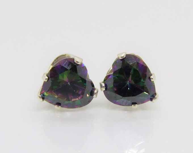Vintage Sterling Silver Heart cut Mystic Topaz Earrings 8MM