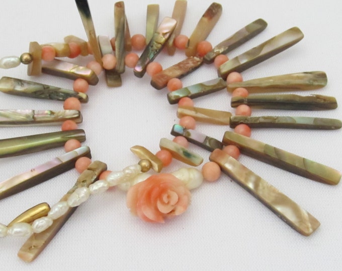 Vintage Jewelry Freshwater Pearl, Abalone & Salmon Coral Carved Rose Bead Necklace 16'' Length