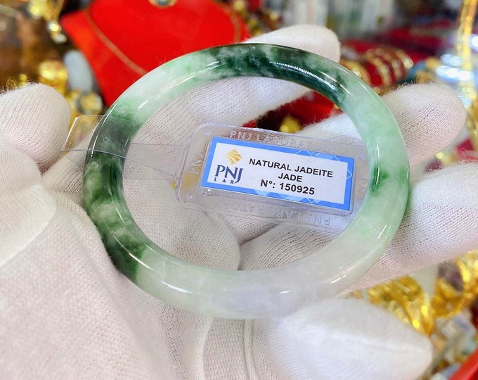 Translucent Natural Green, White & Black Jadeite Jade Vintage Bangle Bracelet 57.1MM