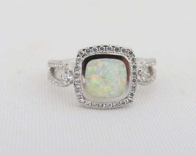 Vintage Sterling Silver Inlay White Opal & White Topaz Halo Ring Size 7