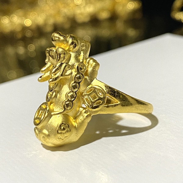 Vintage 24K 9999 Oro sólido 3D Suerte, Riqueza Pixiu Dragón Anillo Tamaño 7