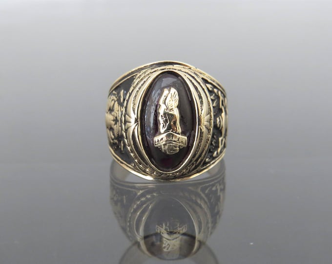 Vintage 10K Solid Yellow Gold Dark Red Garnet 1963 Class Ring Jostens Size 8.25