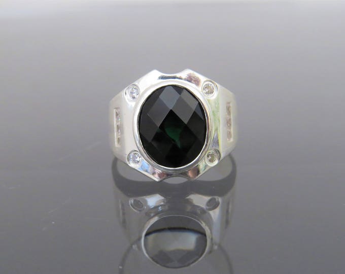 Vintage Sterling Silver Emerald & White Topaz Men's Ring Size 9.5