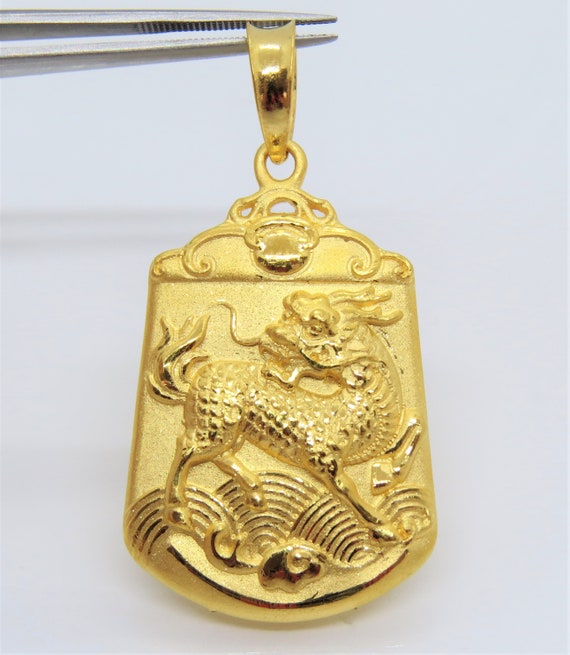 中国古玩　古銅鍍金龍筆置筆架　134g/幅9.3㎝　東Y6-1025☆2Fトヒコ 999 Pure 24k Gold 3D Dragon Foo Dog Vintage Pendant - Etsy