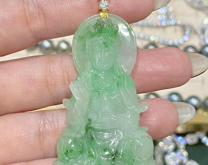 Vintage 14K Gold Jadeite Jade Kuan Yin Buddha Pendant White Topaz