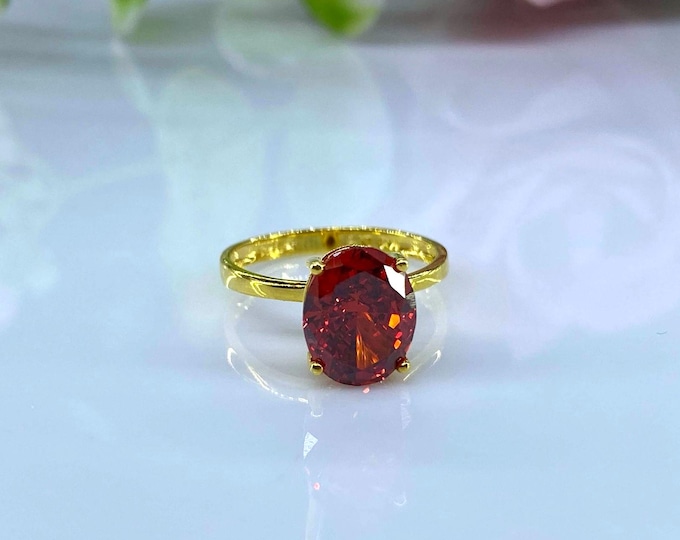 Vintage 15K 610 Solid Gold Oval Orange Garnet Solitaire Ring Size 6