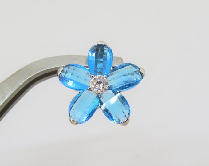 Vintage Sterling Silver Blue Topaz & White Topaz Flower Pendant