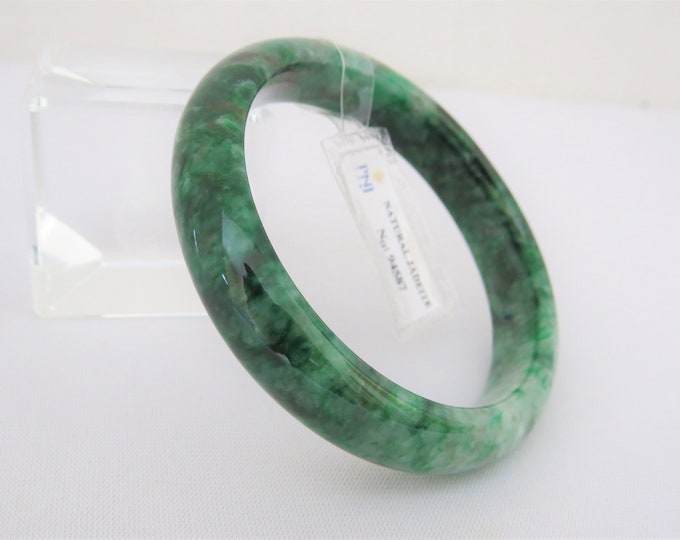 Translucent Natural Floral Green, Black Jadeite Jade Vintage Bangle Bracelet 57.1MM