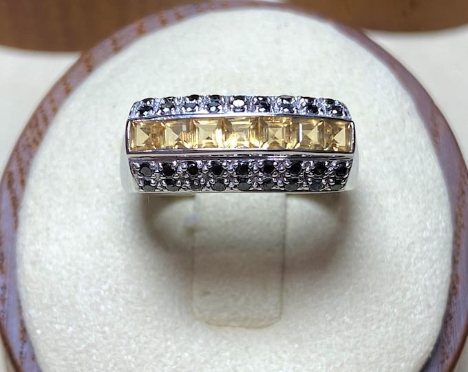 Vintage 14K Solid White Gold 2.3ct Citrine & Black Diamond Ring Size 6.5