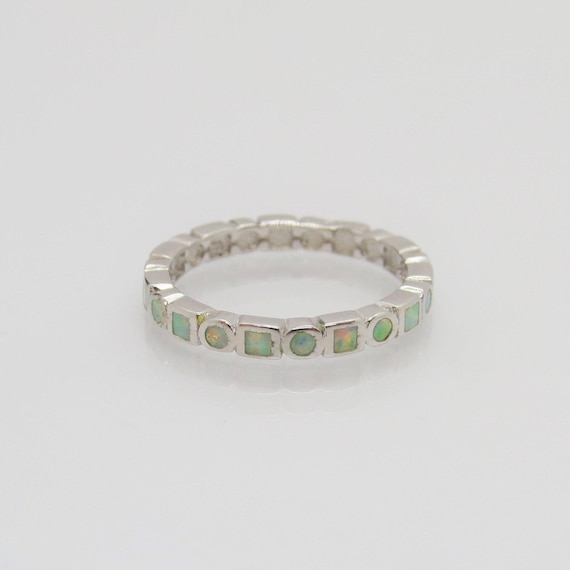 Vintage Sterling Silver Round, Square Inlay Opal Band Ring Size 6