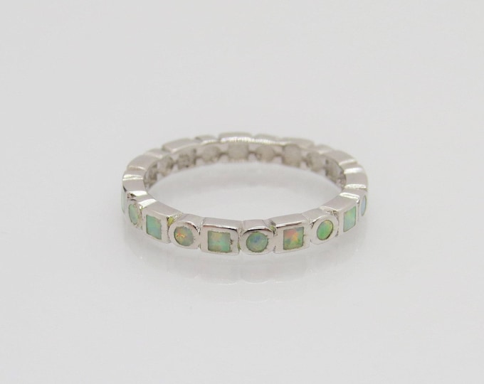 Vintage Sterling Silver Round, Square Inlay Opal Band Ring Size 6