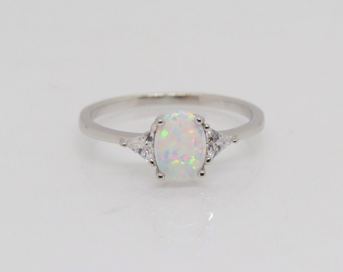 Sterling Silver White Opal & Triangle White Topaz Ring Size 9