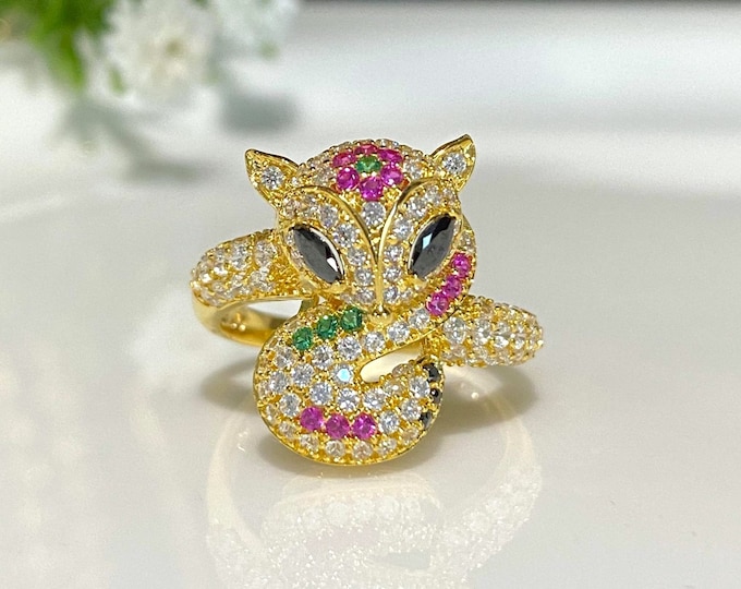 Vintage 18K Solid Yellow Gold Ruby, Emerald & White Topaz Black Sapphire Eye's FOX Ring Size 7
