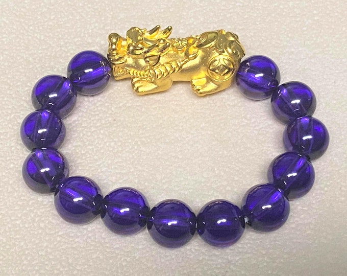 24K 999 Pure Gold 3D Pixiu with Purple Amethyst Bead Bracelet 11MM
