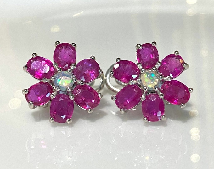 Vintage Sterling Silver Natural Ruby & Fire Opal Flower Earrings.