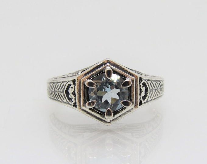 Vintage Sterling Silver Aquamarine Carved Dome Ring Size 9