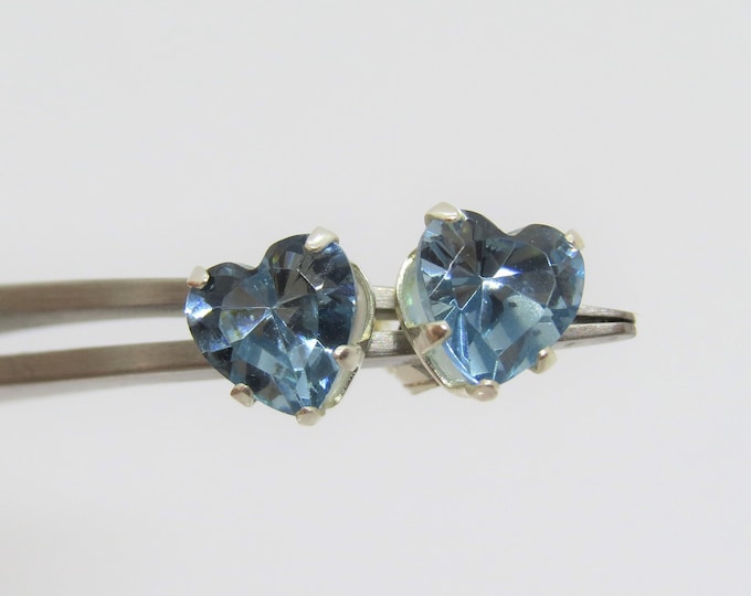 Vintage Sterling Silver Heart cut Aquamarine Stud Earrings 7MM