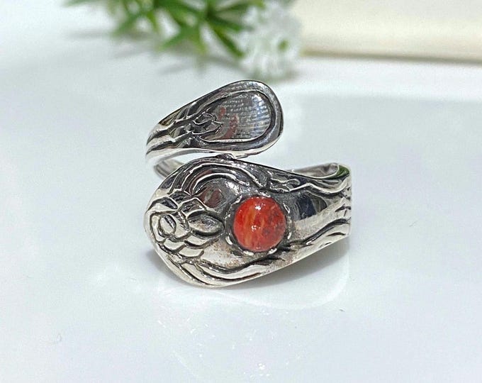 Sterling Silver Red Coral Spoon Ring.