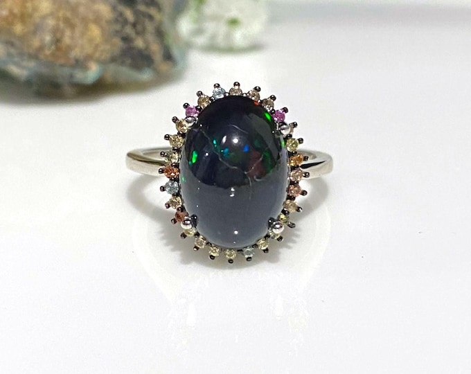 Vintage Sterling Silver Natural 5.81ct Black Opal & Multi color Sapphire Ring Size 8