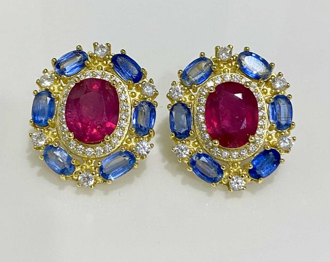 Vintage Sterling Silver 14k Gold Plate Natural Oval Ruby, Kyanite & White Topaz Earrings.