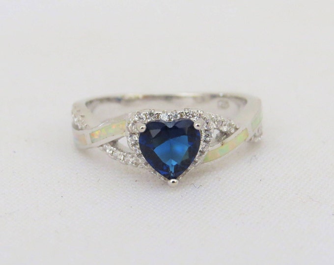 Vintage Sterling Silver Blue Sapphire, White Opal & White Topaz Ring Size 7