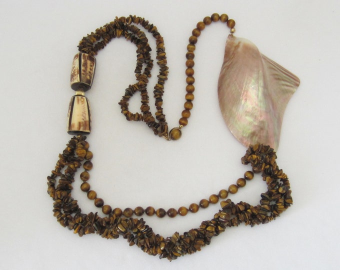 Vintage Jewelry Multi Strand Natural Tiger's Eye Shell Bead Necklace 34'' Length