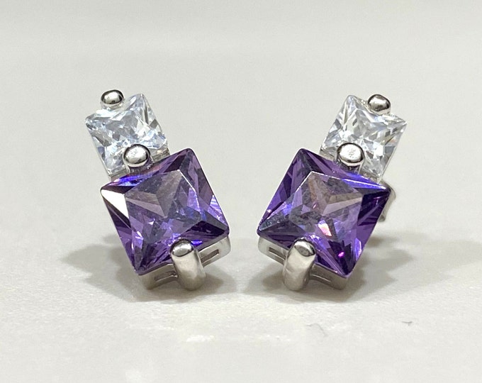 Sterling Silver Princess cut Amethyst & White Topaz Earrings.
