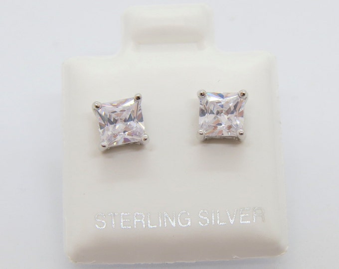 Vintage Sterling Silver Princess cut White Topaz Stud Earrings 5MM