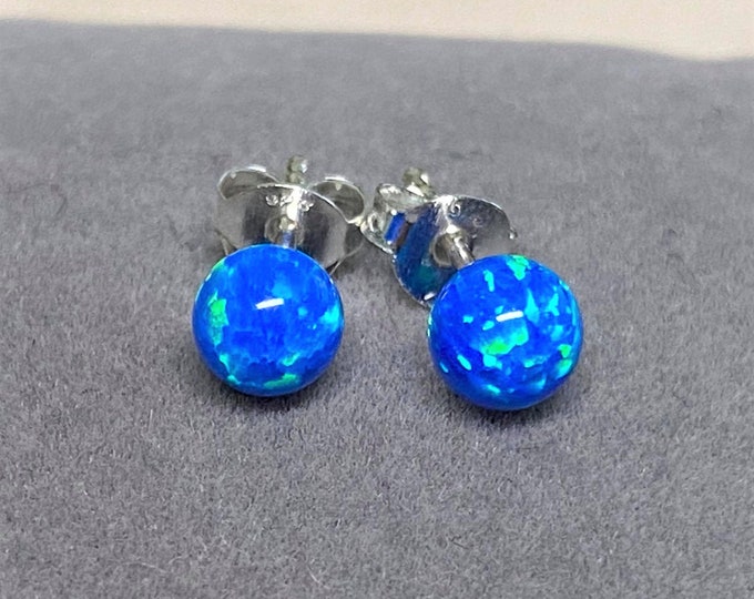 Vintage Sterling Silver Blue Opal Ball Stud Earrings 5MM